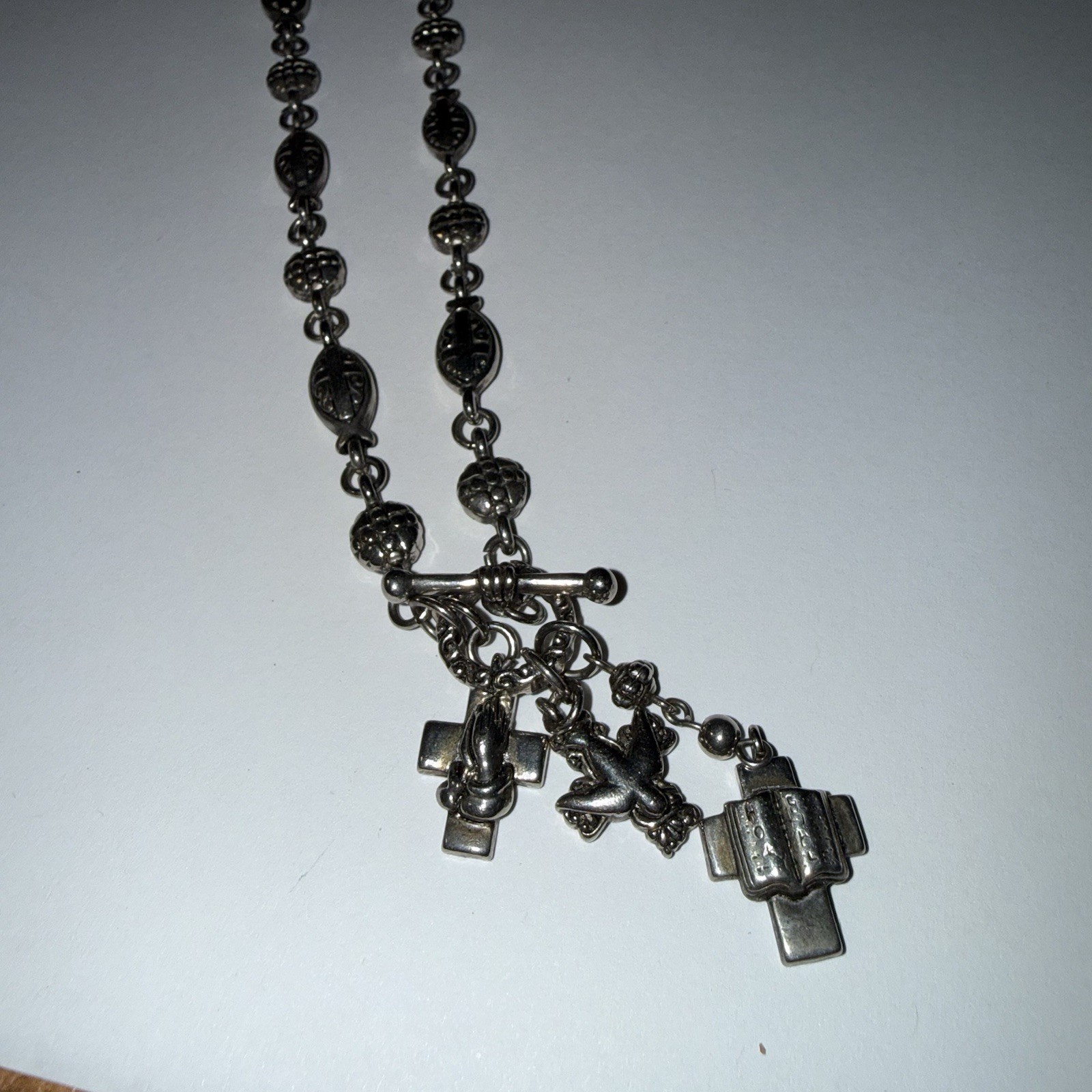 Silver Tone Toggle Link Chain Necklace | Religious Cross & Dove Charm Dangles
