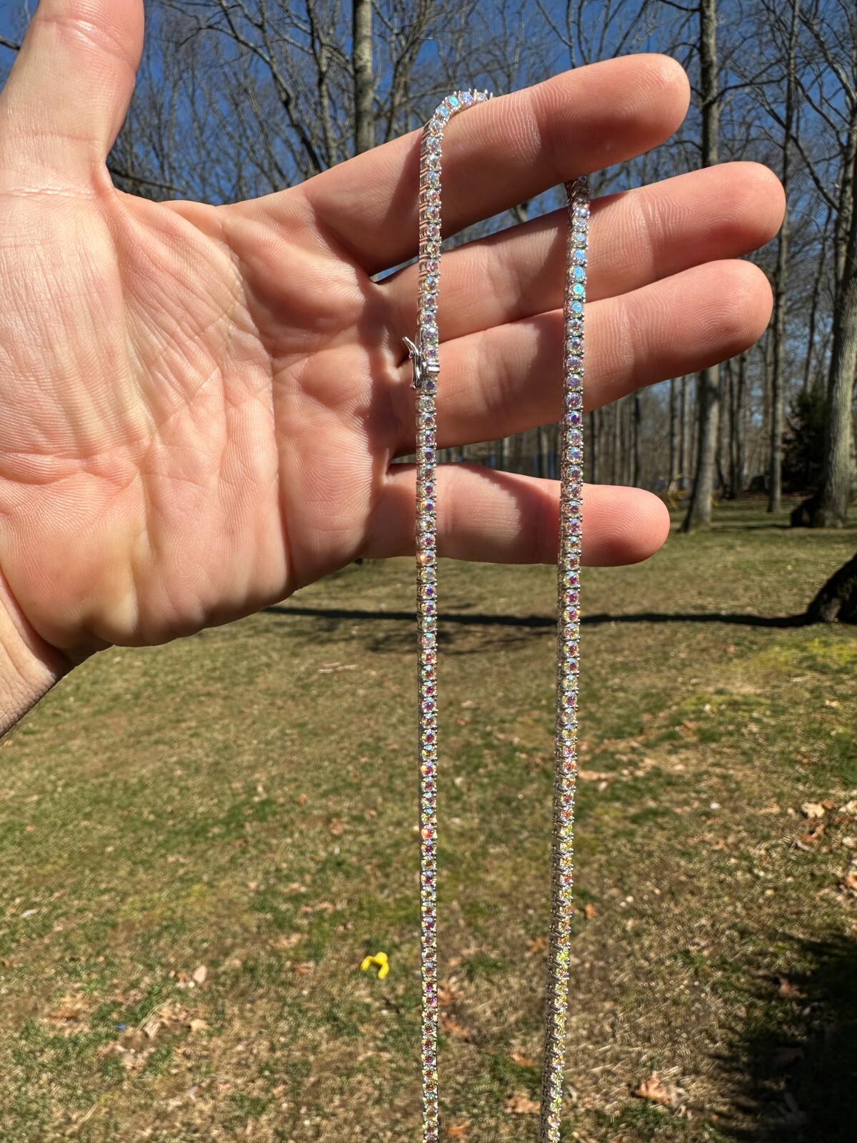 Real Opal Rainbow MOISSANITE 3mm Tennis Chain 925 Silver Iced Necklace Pass Test