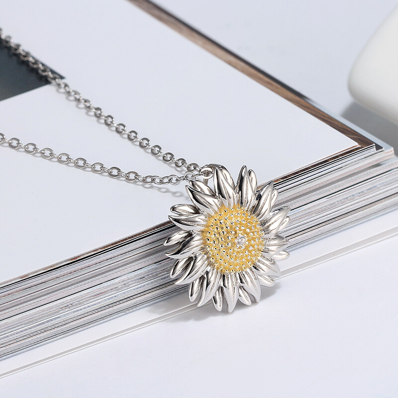 Daisy Pendant Necklace for Women Twp Tone Sterling Silver Clear Cz Ginger Ly…
