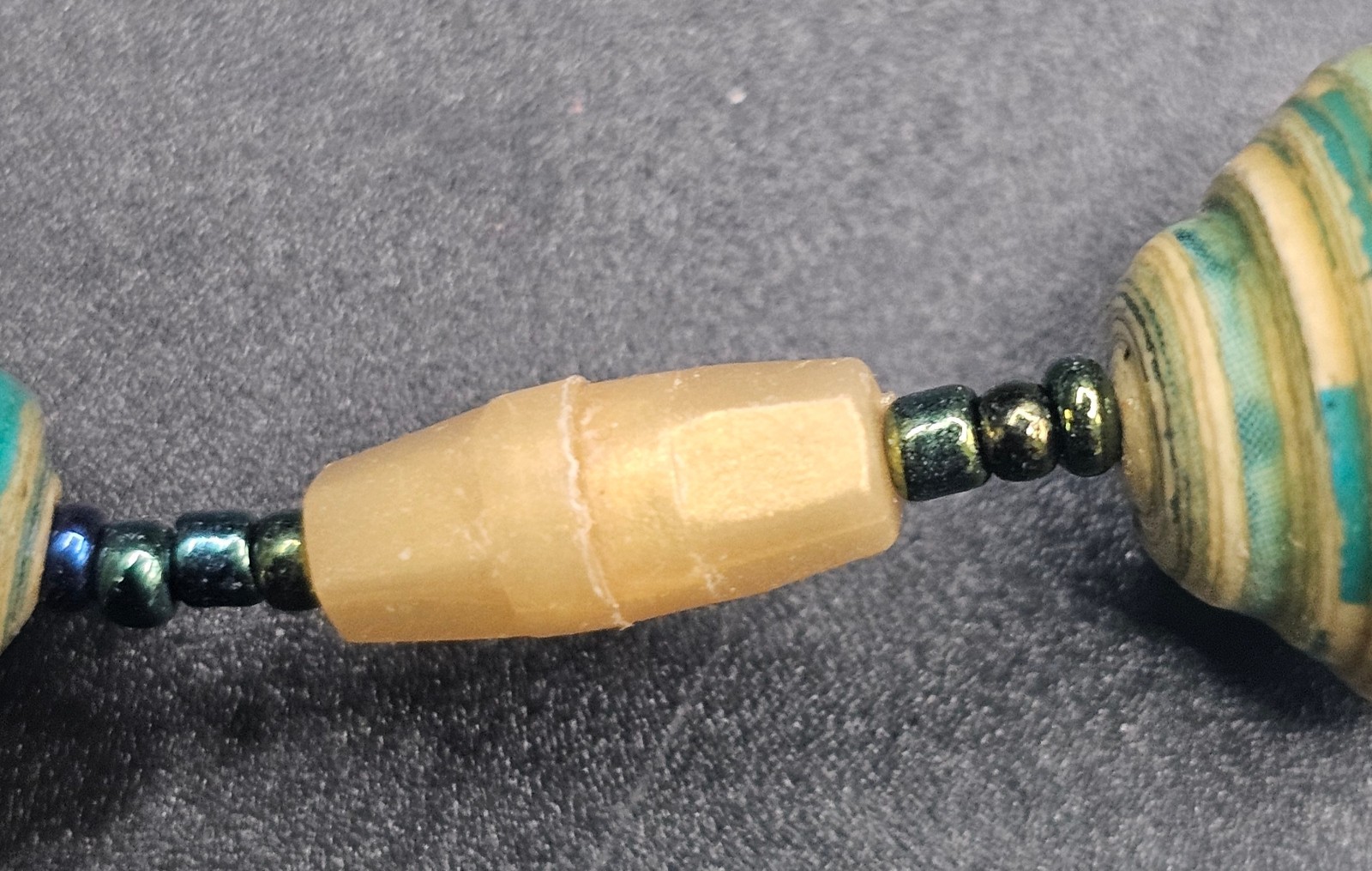 Handmade Recycled Paper Bead Strand Necklace Teal Tan Artisan Boho