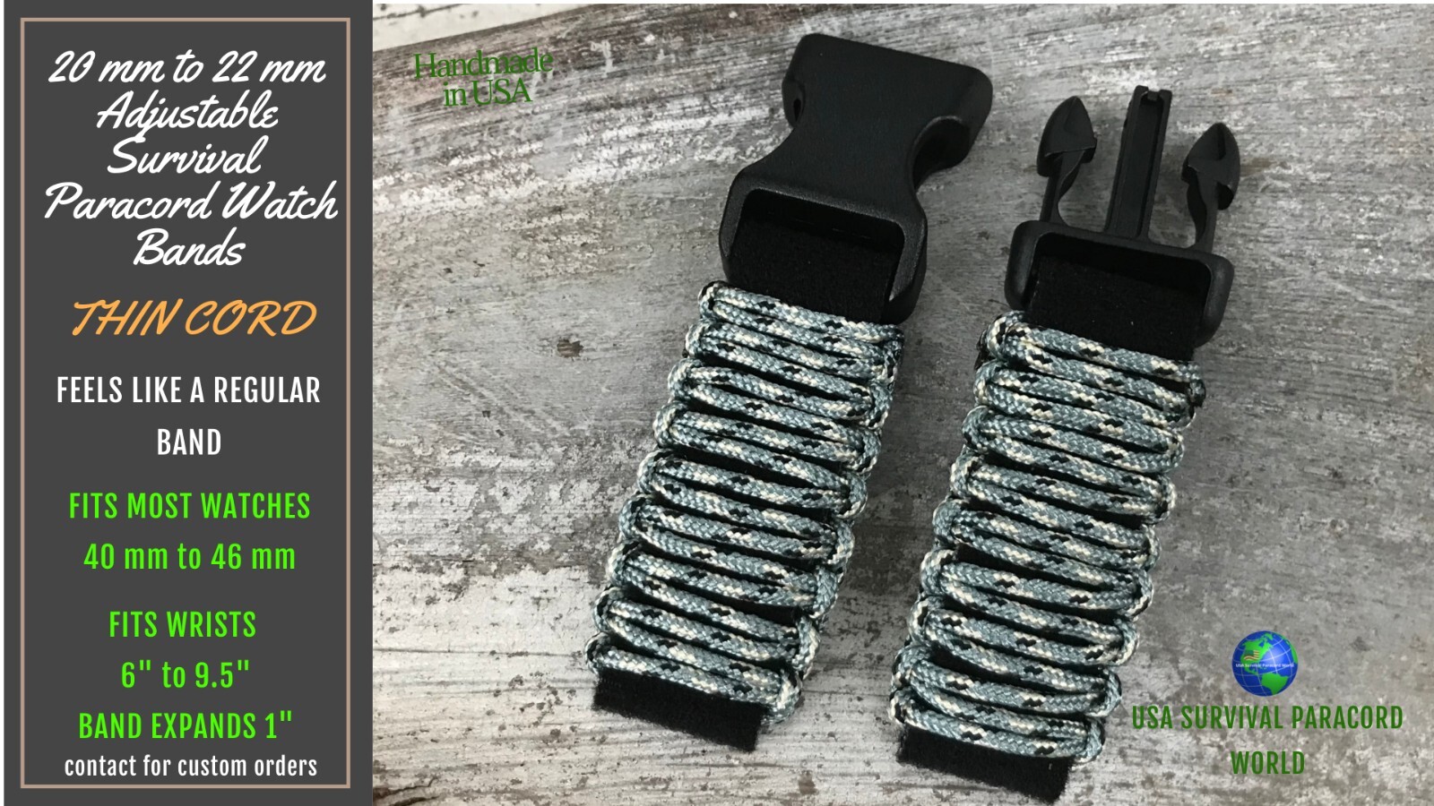 20 22mm Light Gray Cano Thin Cord Adjustable Survival Paracord Band Any Watch