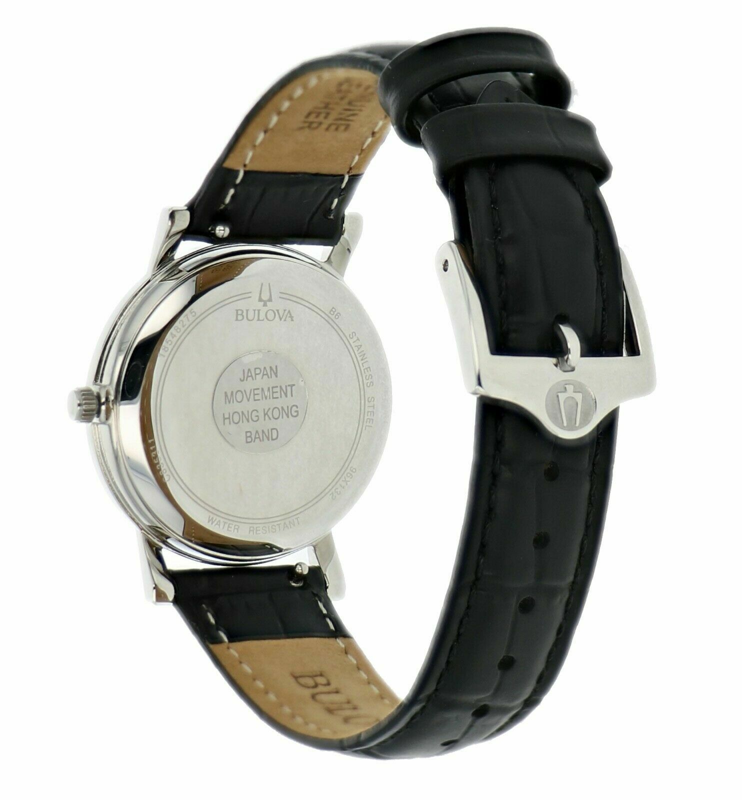 Bulova 96X132 Silver Tone White MOP Dial Black Leather Strap Womens Dress Watch