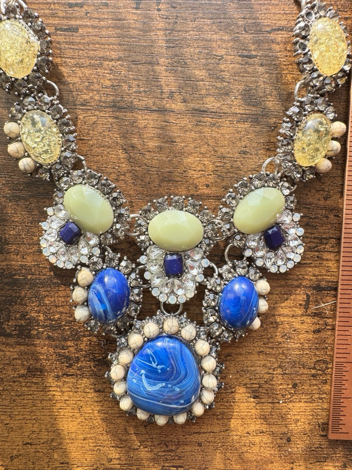 Chunky Boho Rhinestone Bib Statement Necklace Cobalt Blue Mint Green Mixed Media