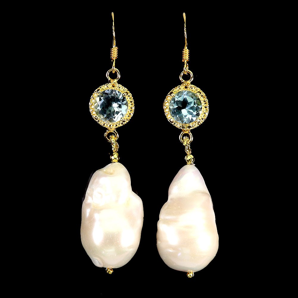 925 Sterling Silver Earrings Round Sky Blue Topaz 8mm Pearl Gemstone Jewelry