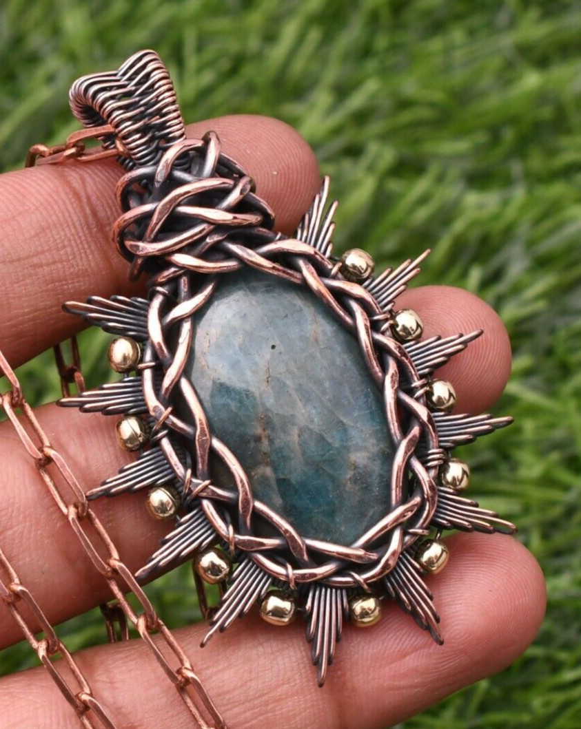 Neon Apatite Gemstone Copper Wire Wrap Handmade Jewelry Pendant 2.28″