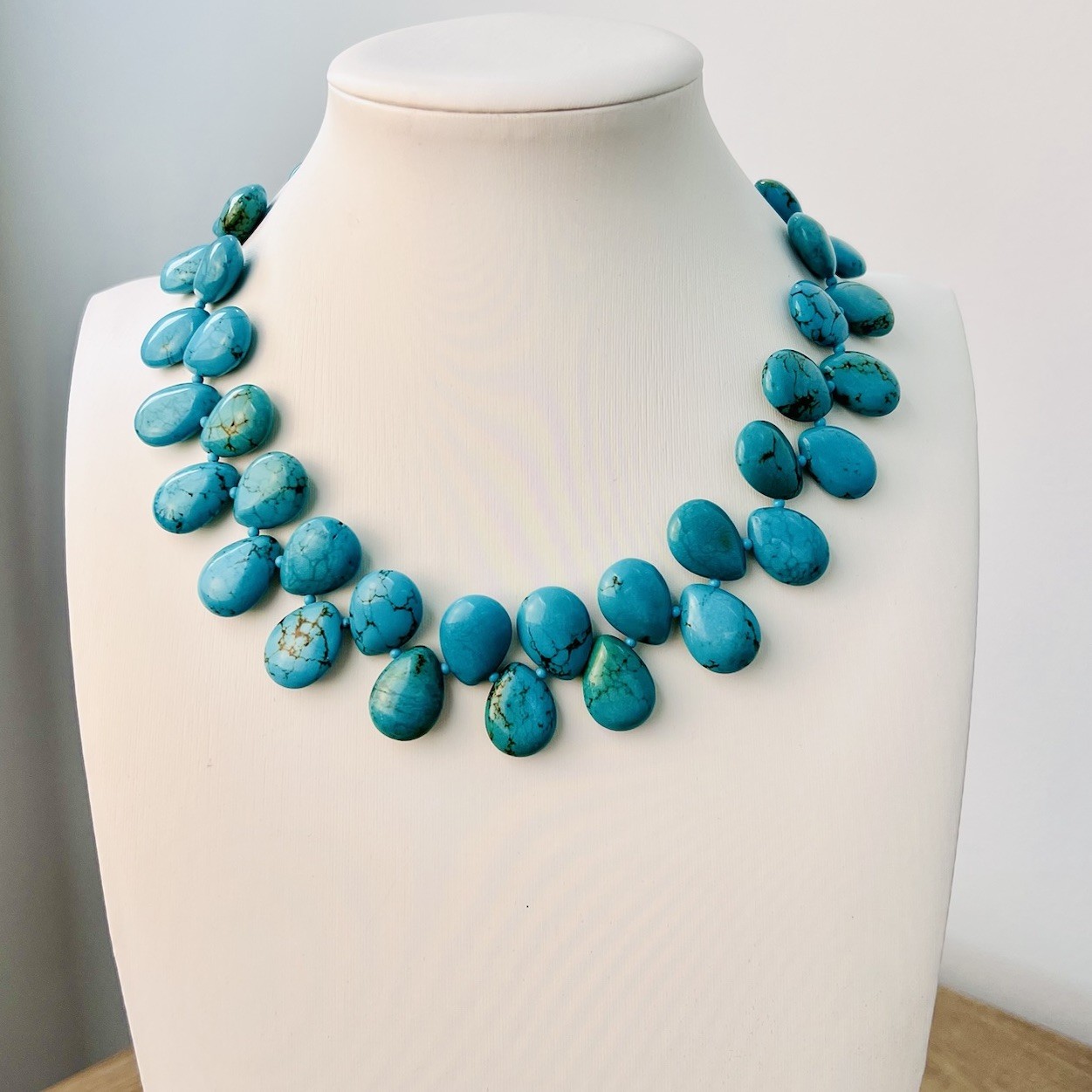 Vintage LUC Turquoise Hand Knotted Sterling Silver Necklace 16” 93g Statement