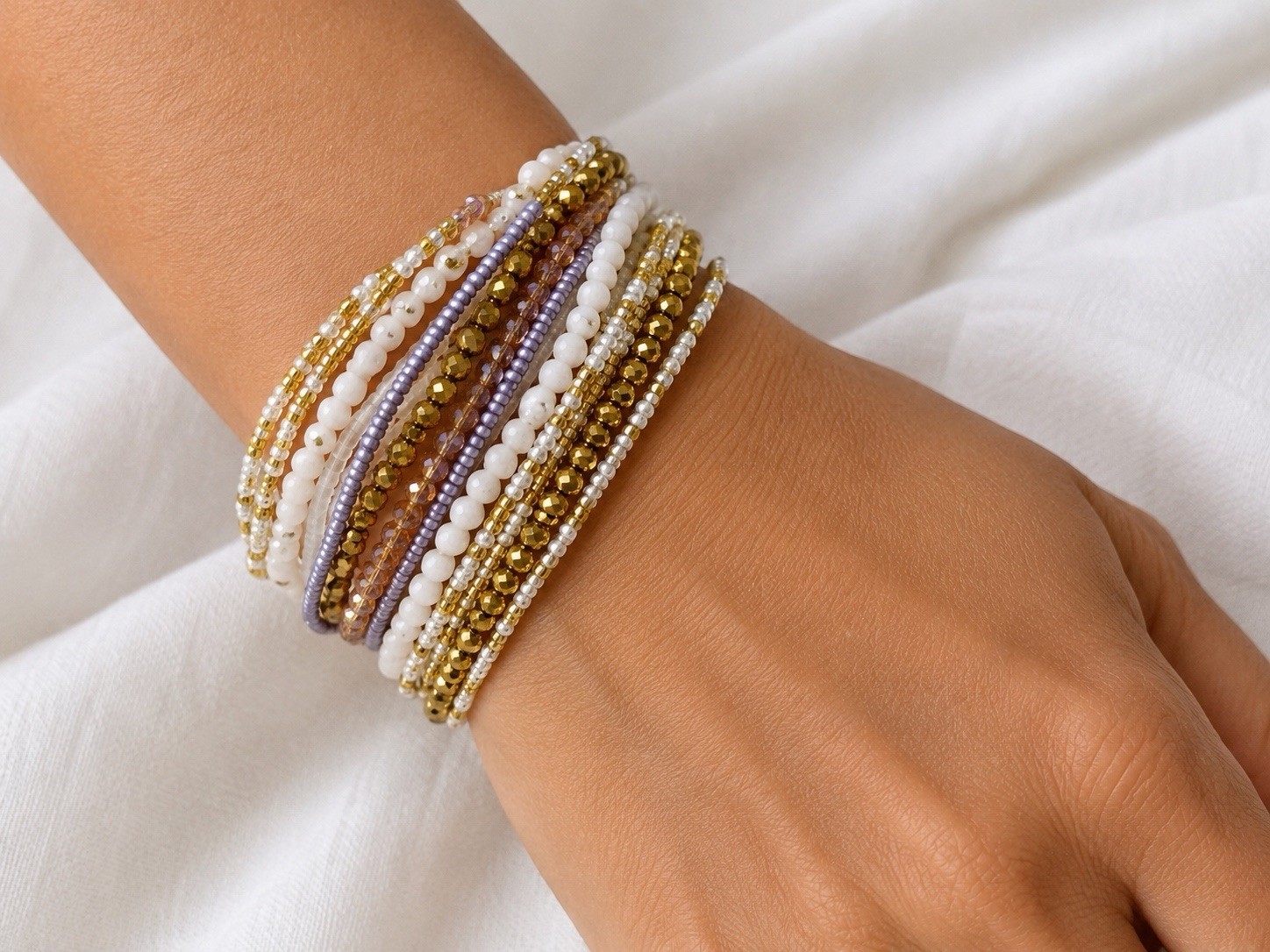 Multicolor Glass Beaded Wrap Bracelet Slide Closure Adjustable Gold/White/Purple