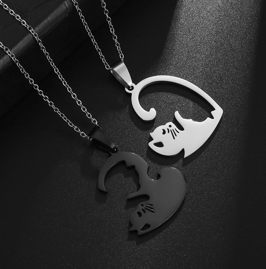 2 Piece Black & Silver Cat Matching Necklace Couple Cute Pendant Love BFF, Gift