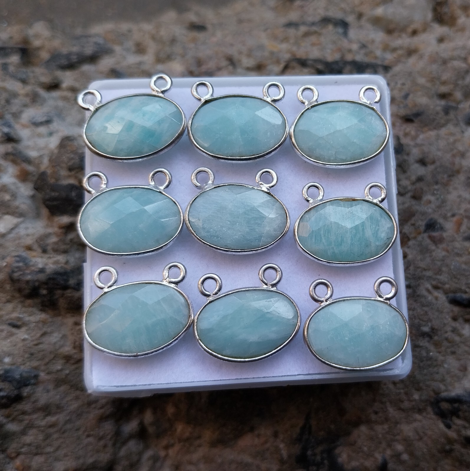 925 Sterling Silver 12 to 16 MM Amazonite Oval 9 Piece Double Loop Pendant