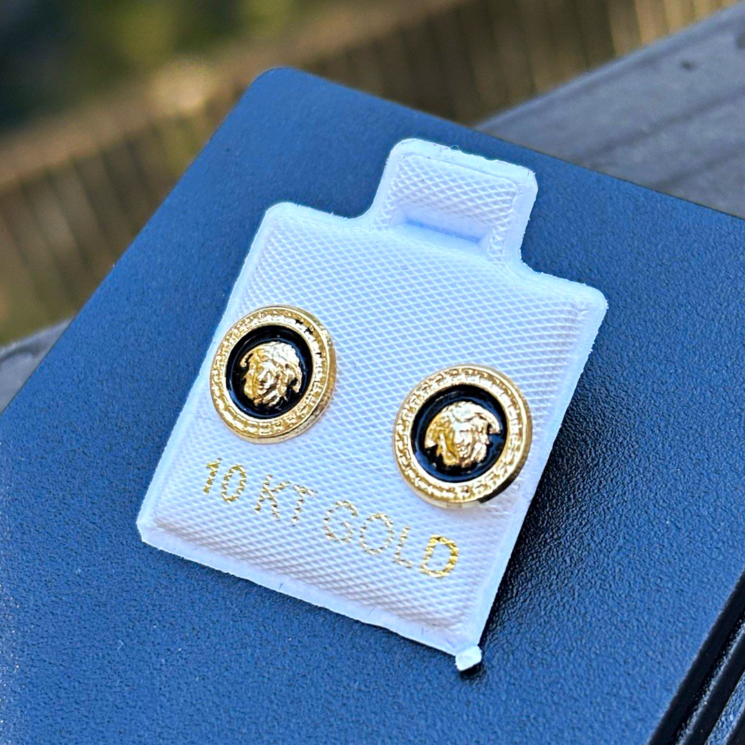 10K Yellow Gold Round Black Enamel Stud Earrings No Stone Lobe vrsc