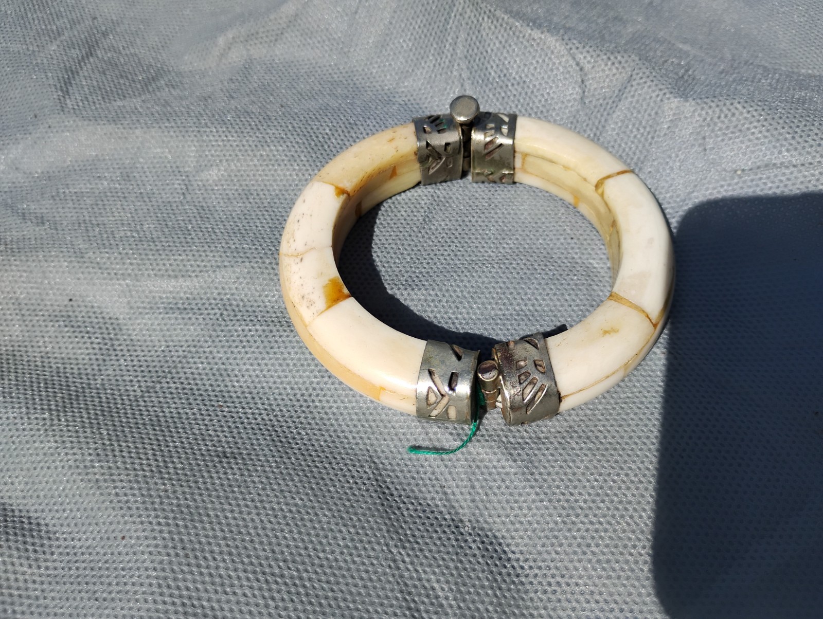 Antique Bovine Water Buffalo Carved Bone Metal Hinged Bangle Bracelet Pre-Loved