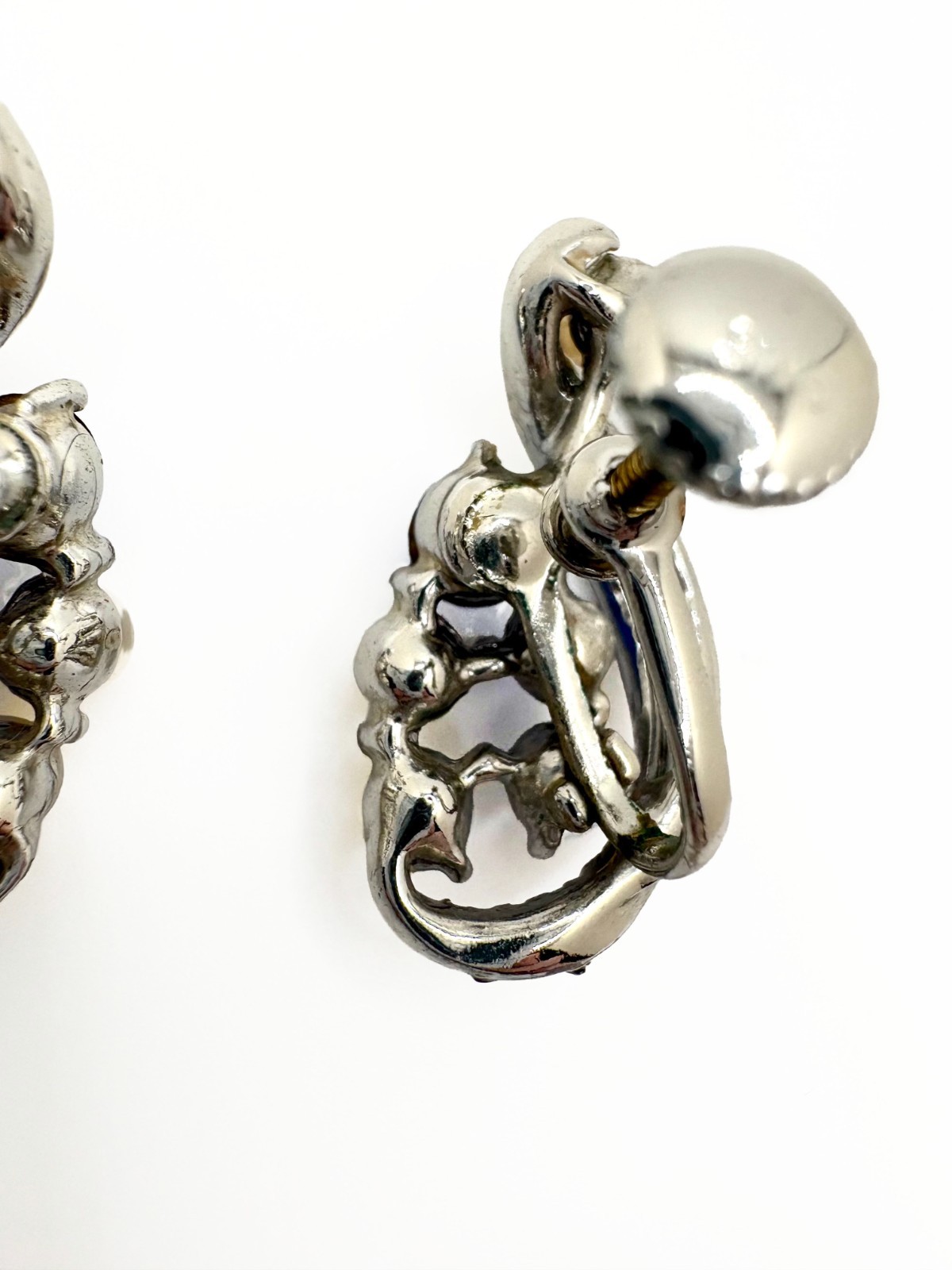 Vintage STAR Faux Pearl Blue Rhinestone Screwback Earrings Silver Tone Signed