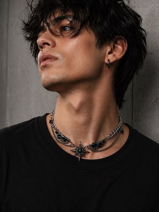 Unisex Black Stainless Steel Star & Wing Chain Necklace