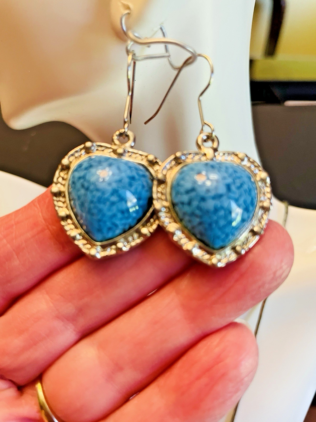 Faux Turquoise Necklace Cabochon + Pierced Earrings in Heart Motif Jewelry Set