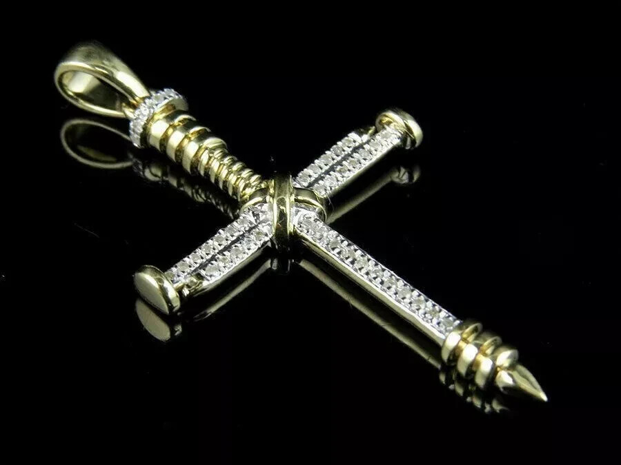 14K Yellow Gold Finish Nail Cross Pendant 0.50Ct 1.5 Inch Lab Created Diamond