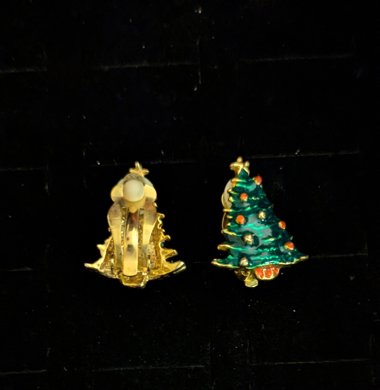 Christmas Tree Earrings Clip On Holiday Winter Gold Tone multicolor ornaments