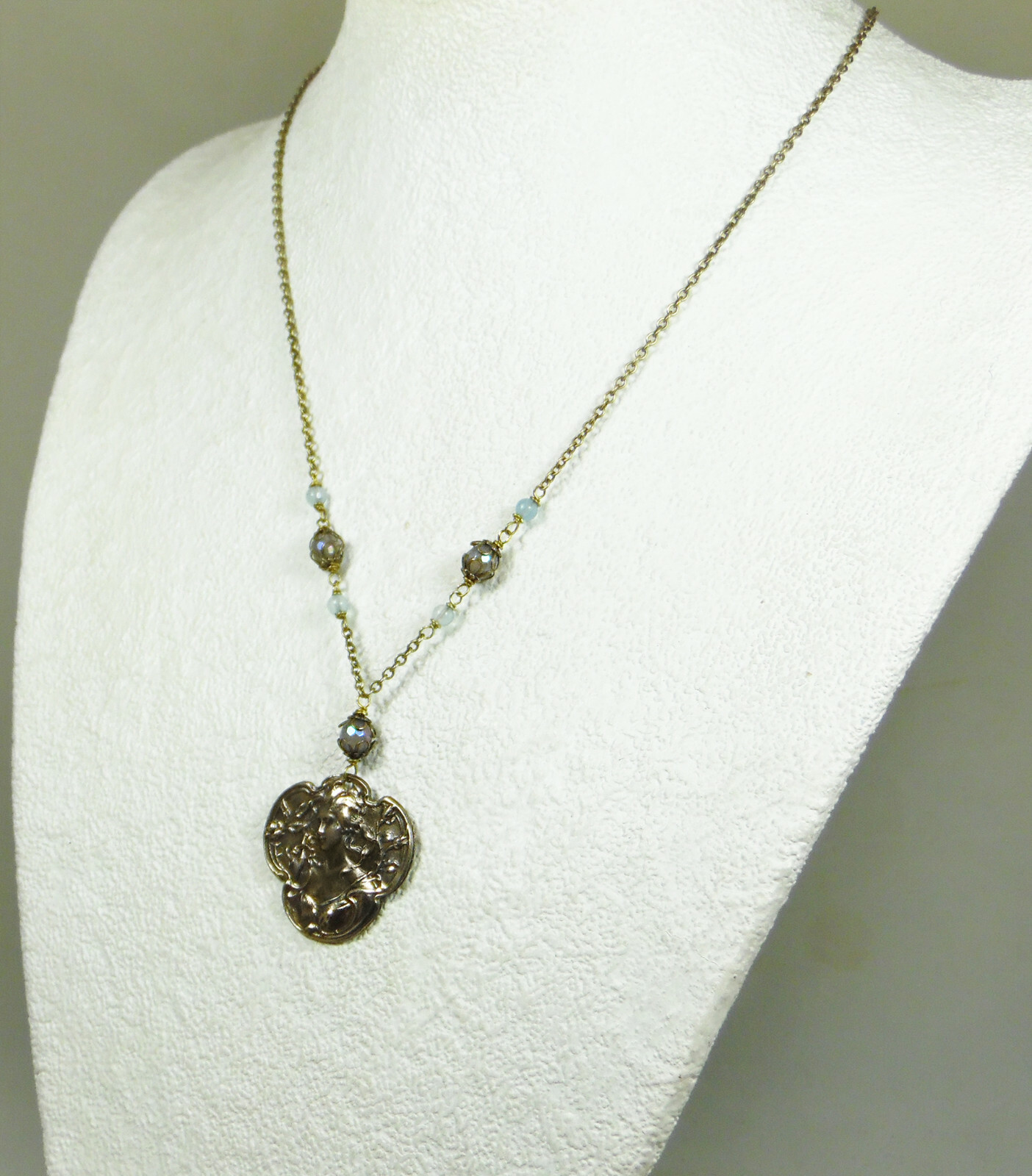 Aged Brass Art Nourveau Lady with Mystic Aura Quartz and Aquamarine Stone Beads