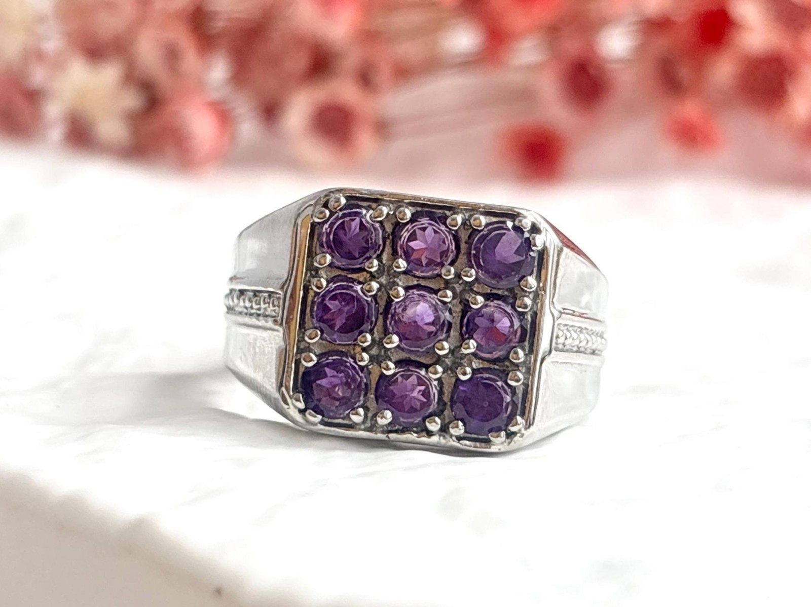 Faux Amethyst Gemstone Silver Toned Costume Jewelry Vintage Ring – sz 10