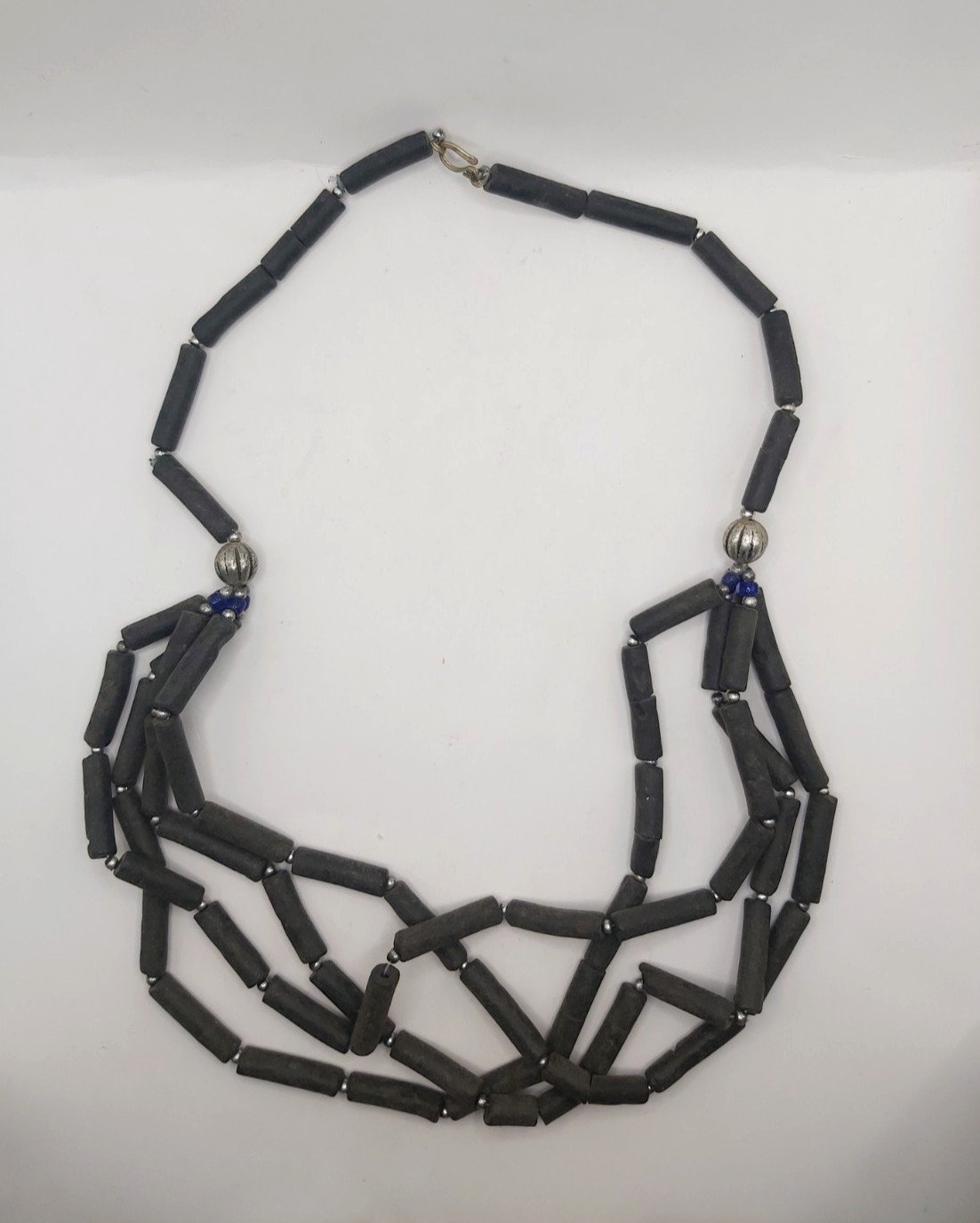 Vintage Berber Moroccan Trade Bead Necklace Black Tube Beads Multi Strand Ethnic
