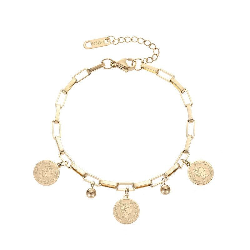 Woman 18K Gold Plated Elizabeth Queen Beaded Charm Box Chain Bracelet Bangle