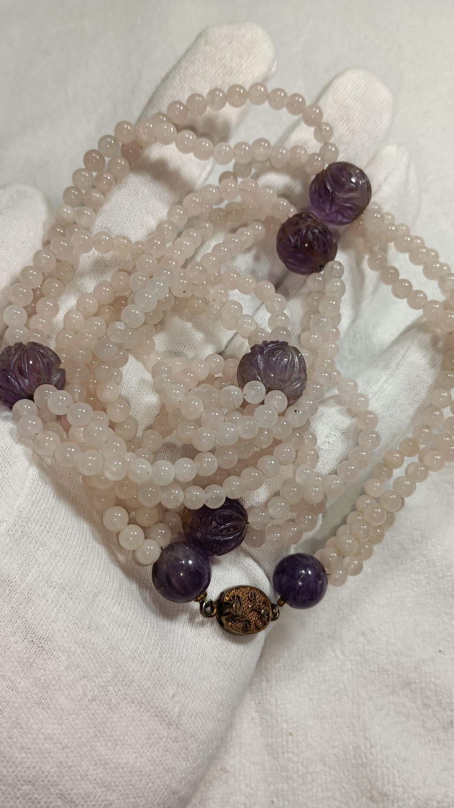 Vintage Chinese Rose Quartz Carved Amethyst Stone Beaded Necklace Silver Clasp