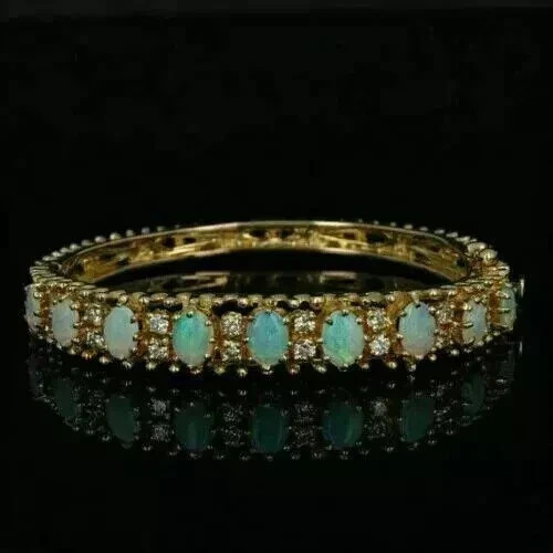 4Ct Oval Lab Created Fire Opal Women’s Bangle Bracelet 14K Yellow Gold Plated
