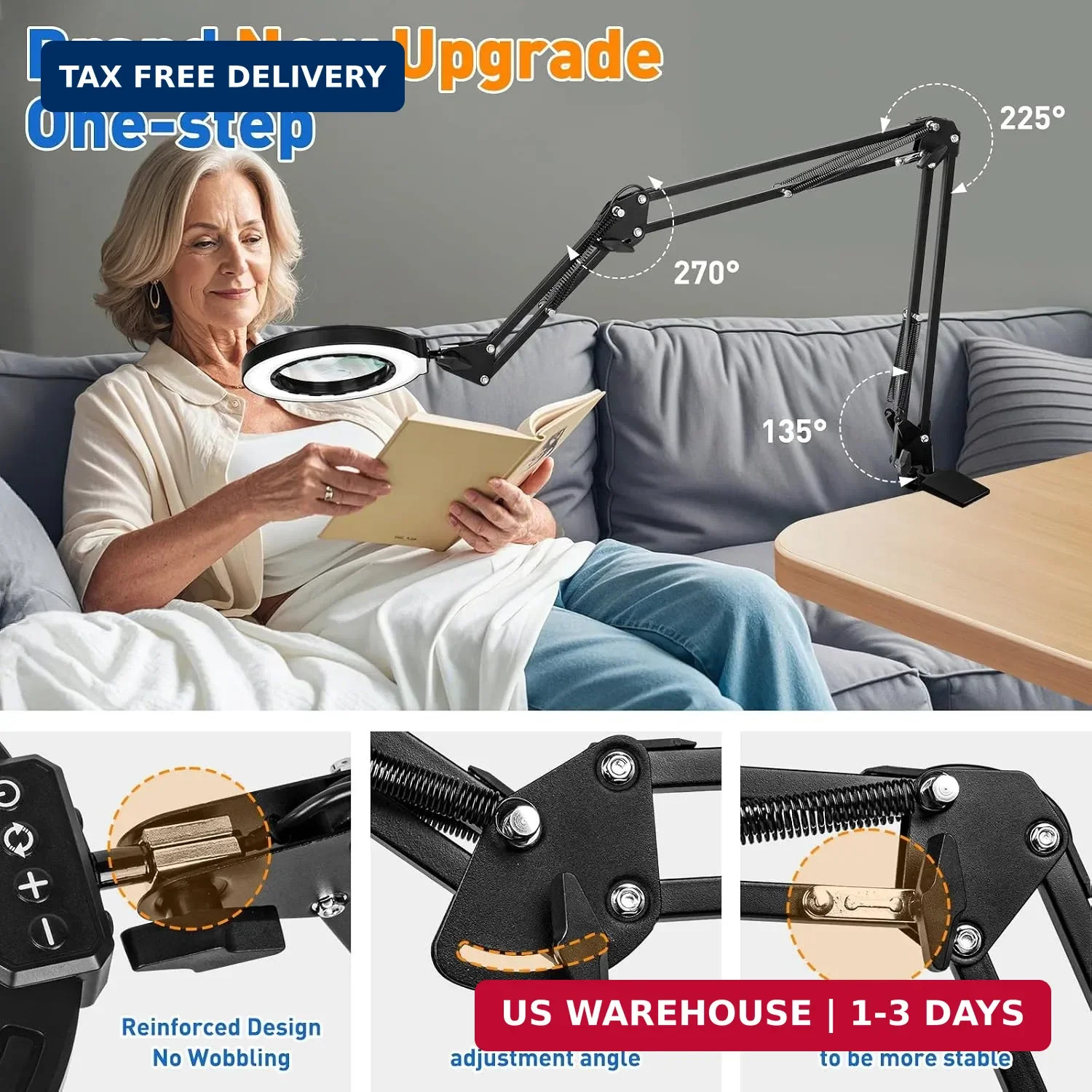 Ultra Long 3-Section Swing Arm 12X 30X Magnifying Glass with Light | 4-Way Large