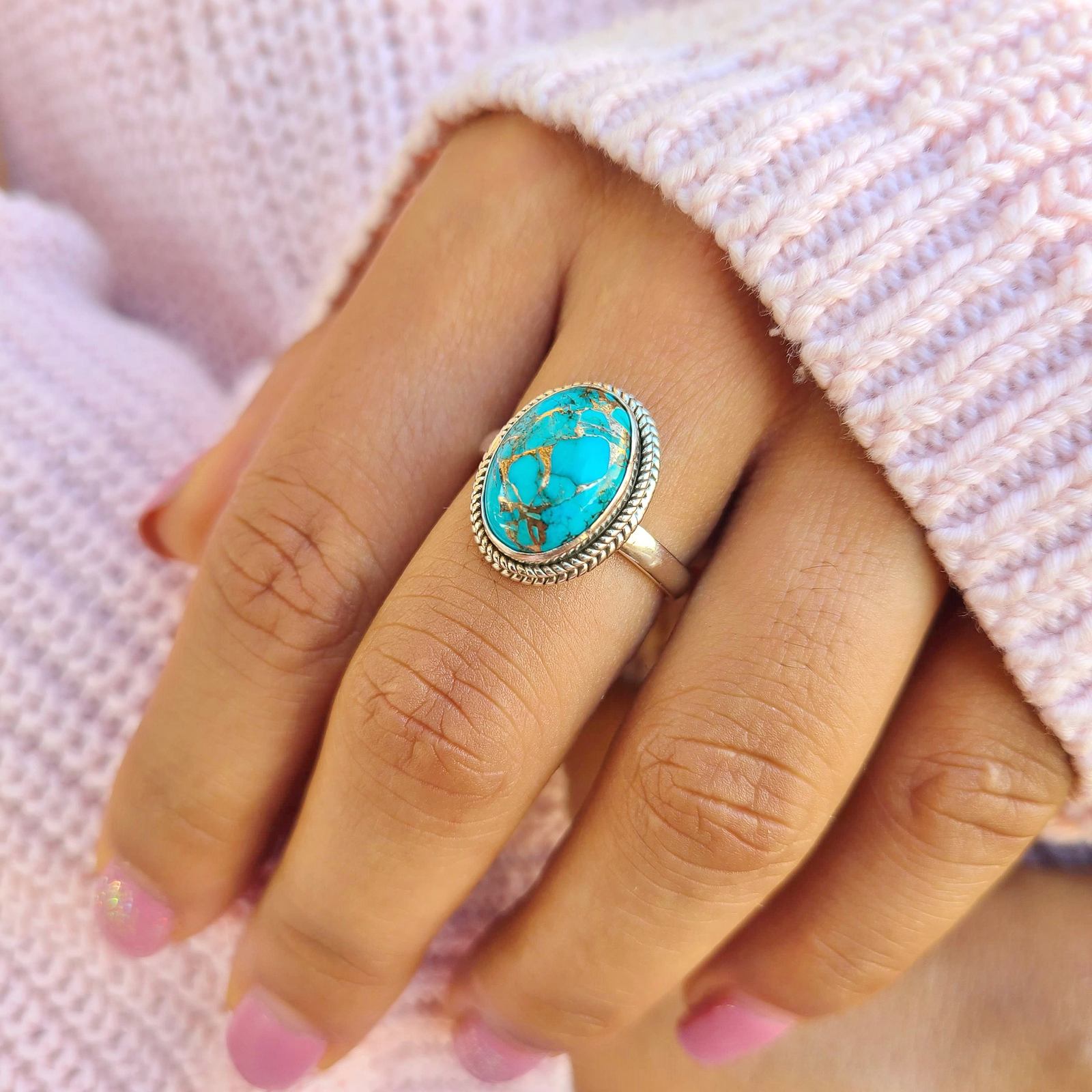 Genuine Copper Turquoise Ring 925 Sterling Silver Ring Hand Made Ships From USA