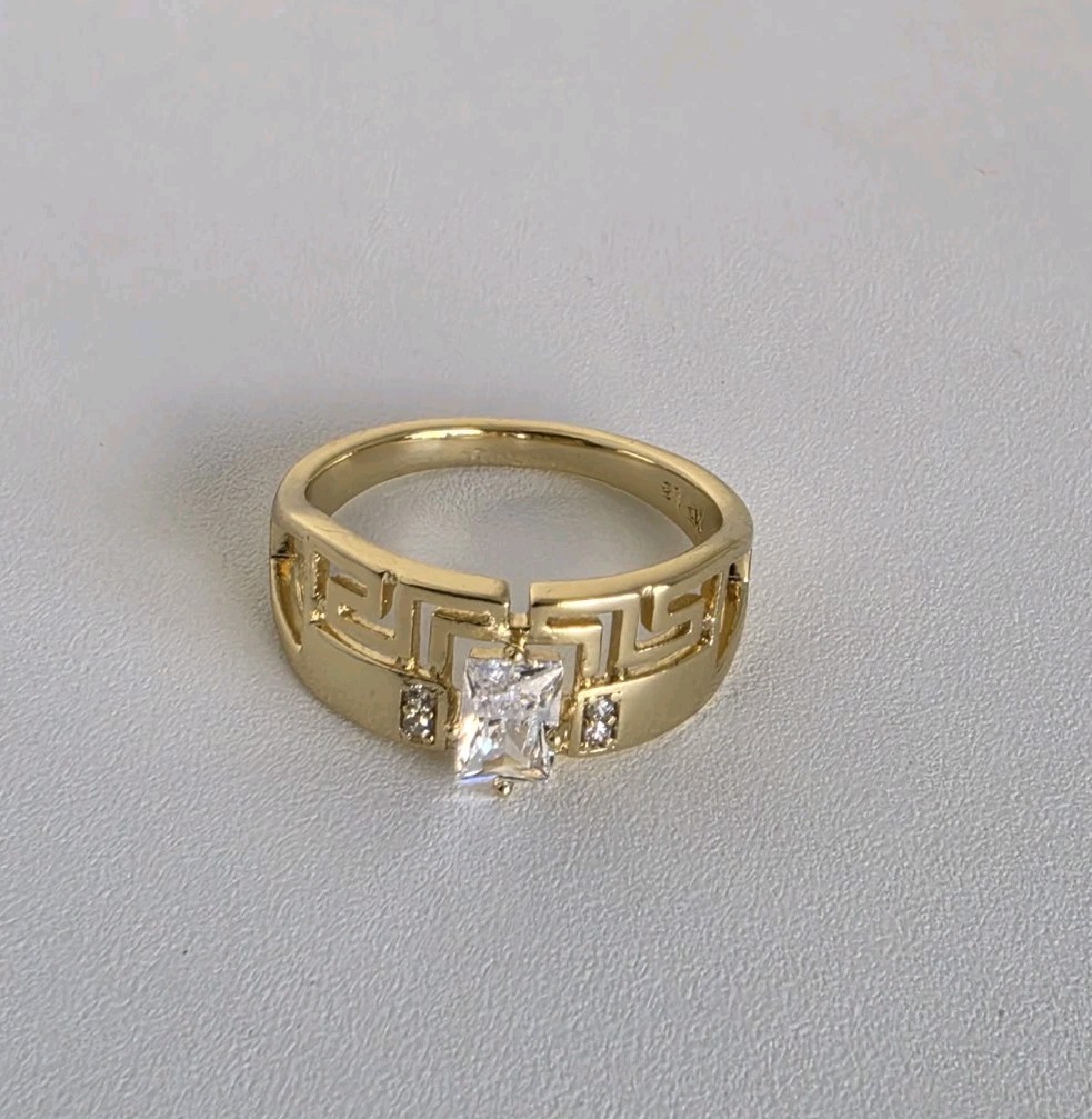 Gold Plated 14K Tone Greek Key CZ Ring Princess Cut Size 7 Statement Band