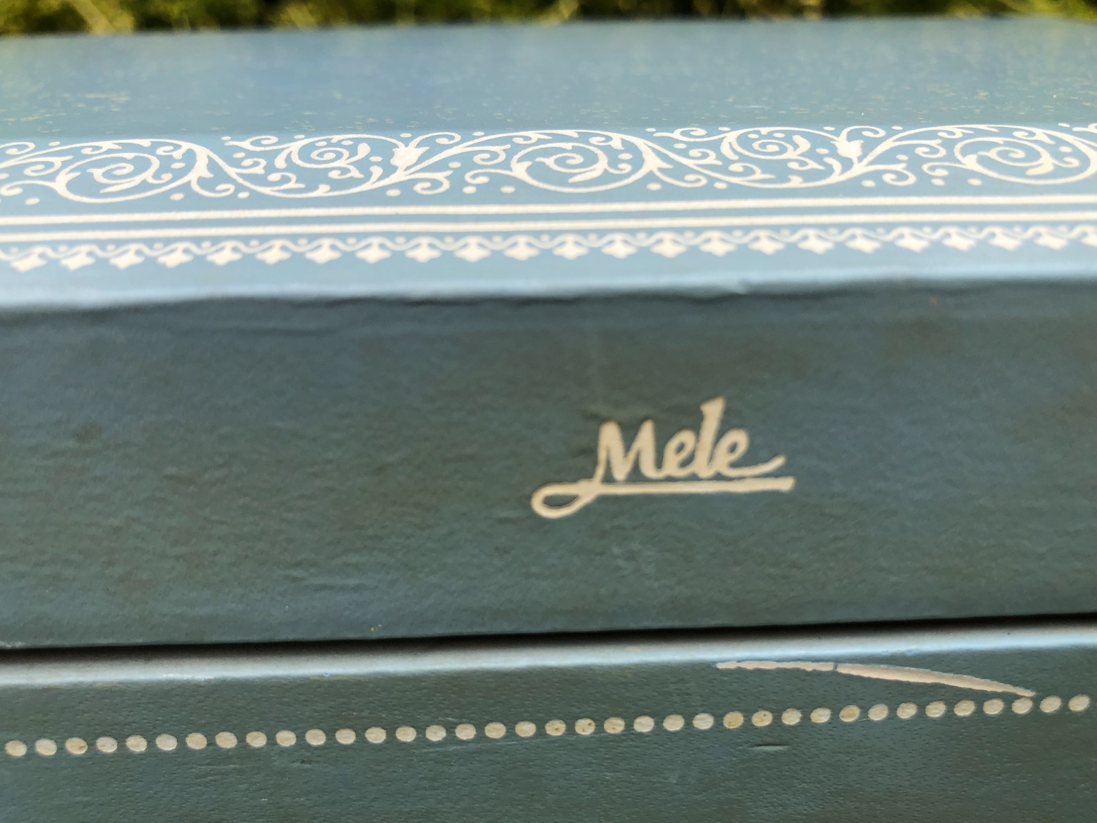 MELE Vintage Jewelry Box Blue with White Filigree Design Along Edges