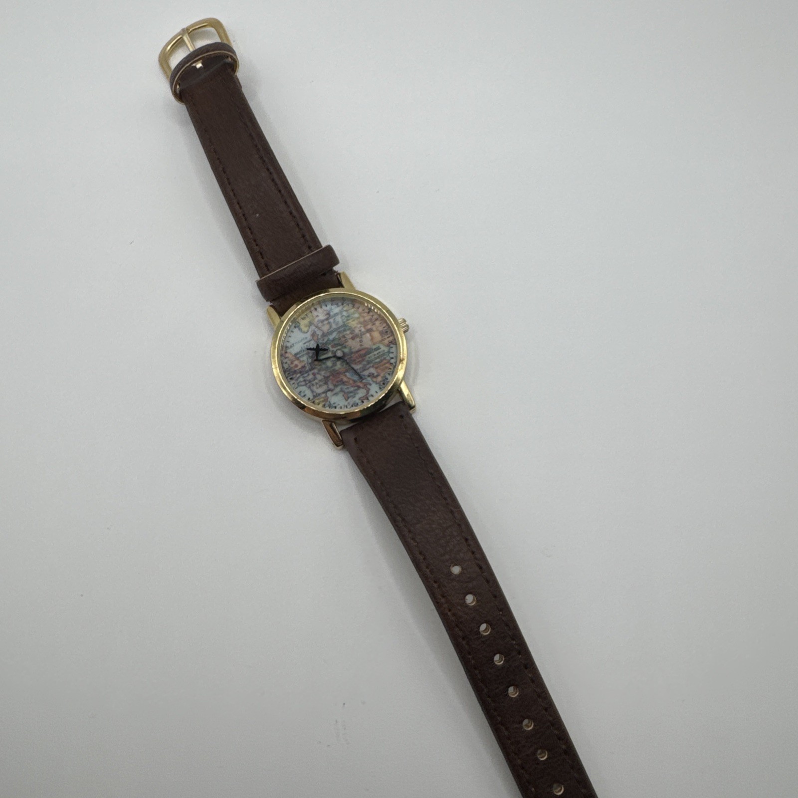 Charming Charlie Ladies World Map Quartz Watch 30mm Round Gold Tone Brown Faux