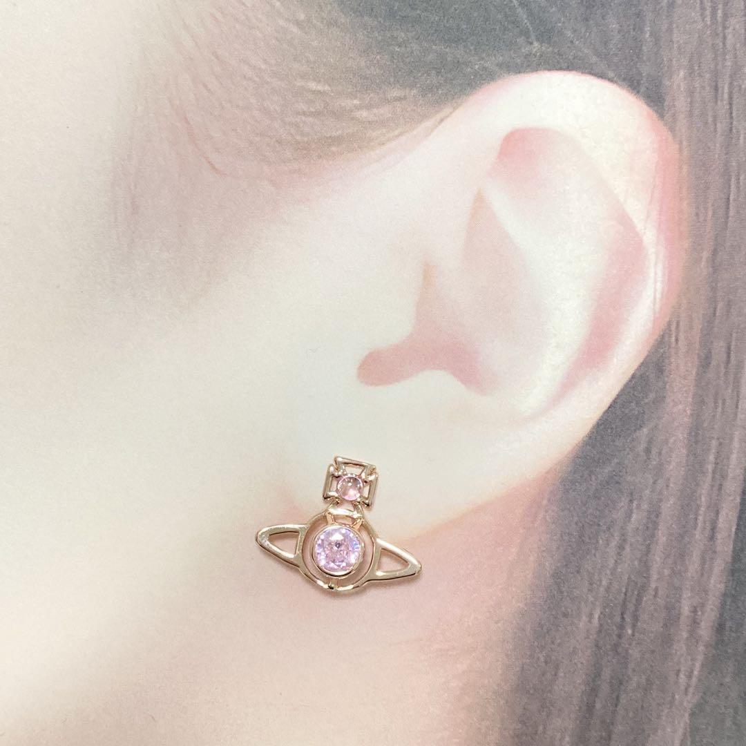 Vivienne Westwood Earrings Petite Rhinestone Pink Gold w/drawstring