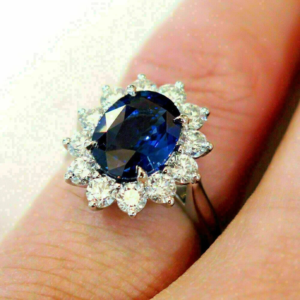 3.00 Ct Oval Cut Natural Sapphire & Diamond Wedding Ring 925 Sterling Silver