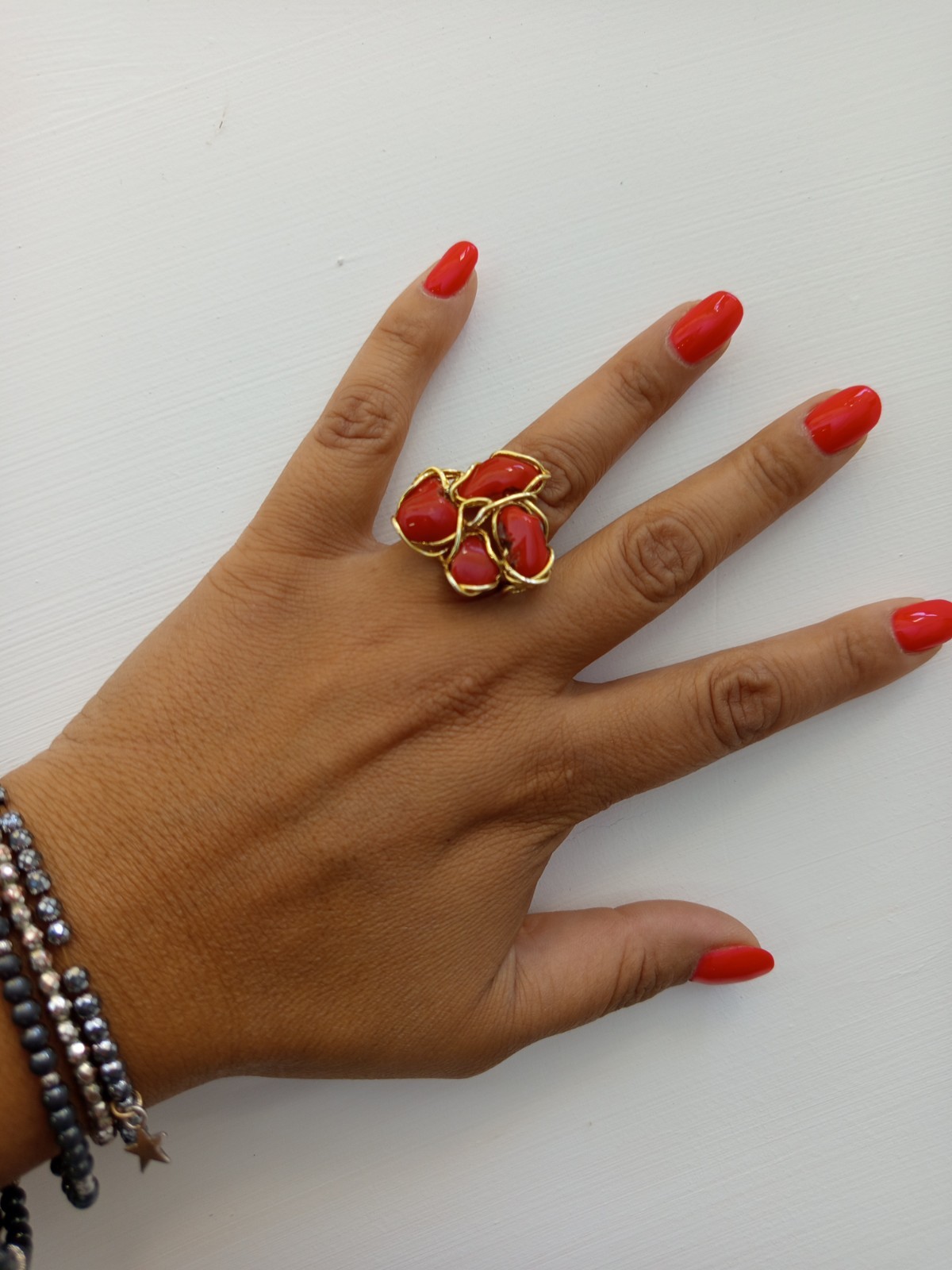 Genuine Sardinian Red Coral 925 Silver Gold Plated Adjustable Women Ring