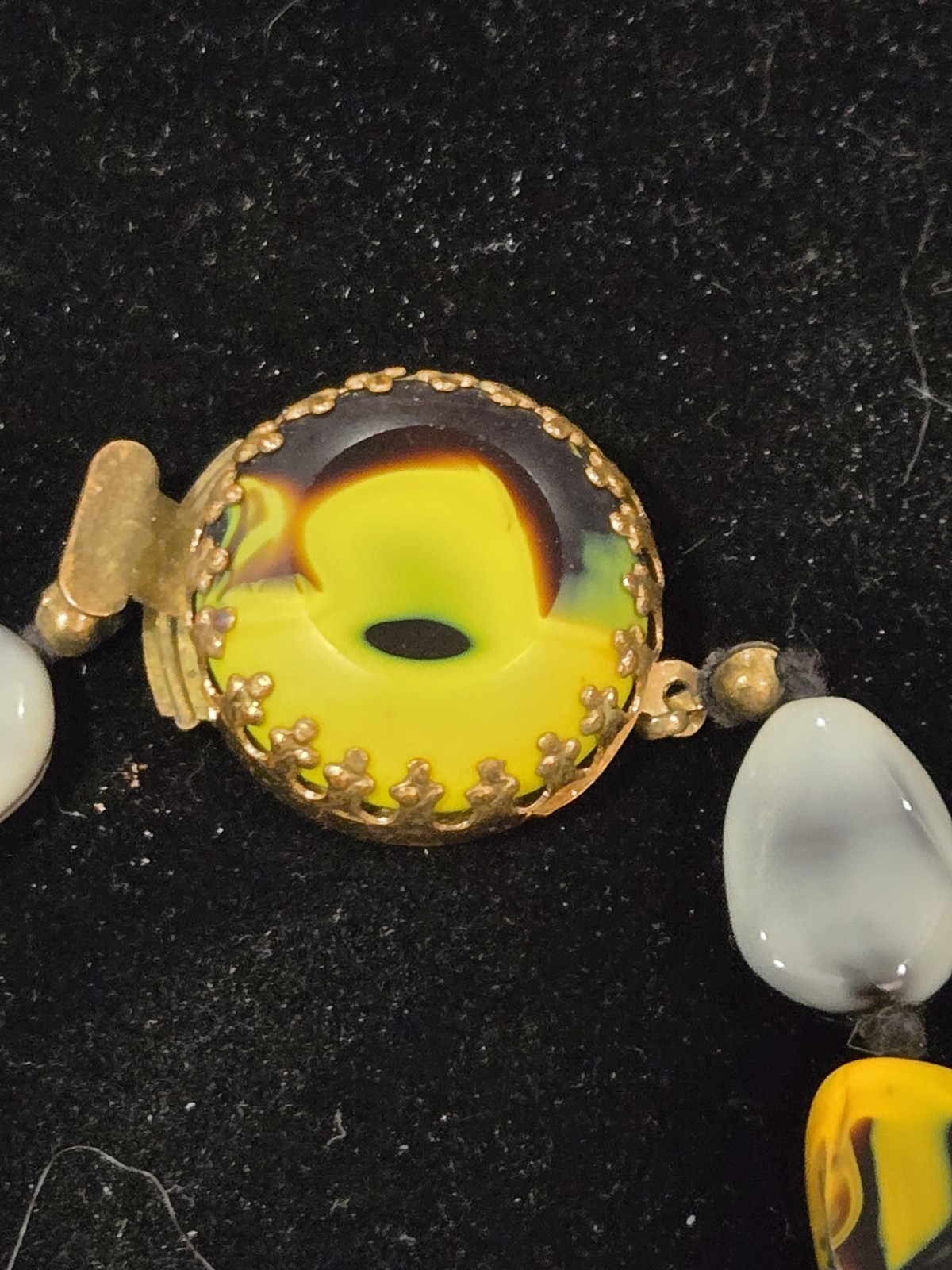 Vintage Made in Austria 22″ Abstract Art Glass Necklace Yellow Black Gray Purple