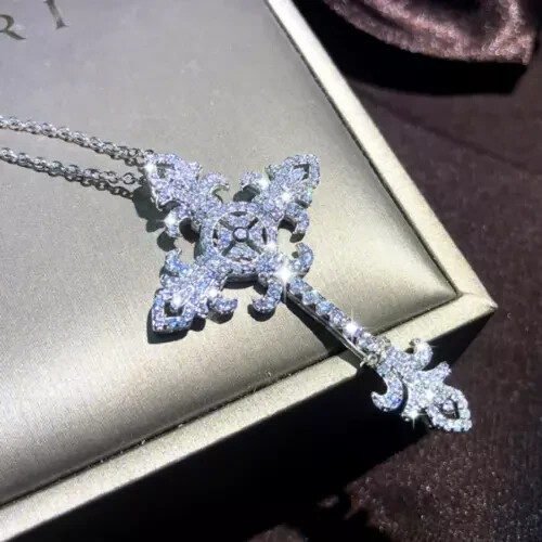 2Ct Lab Created Diamond Round Cross Pendant 14K White Gold Silver Plated Chain