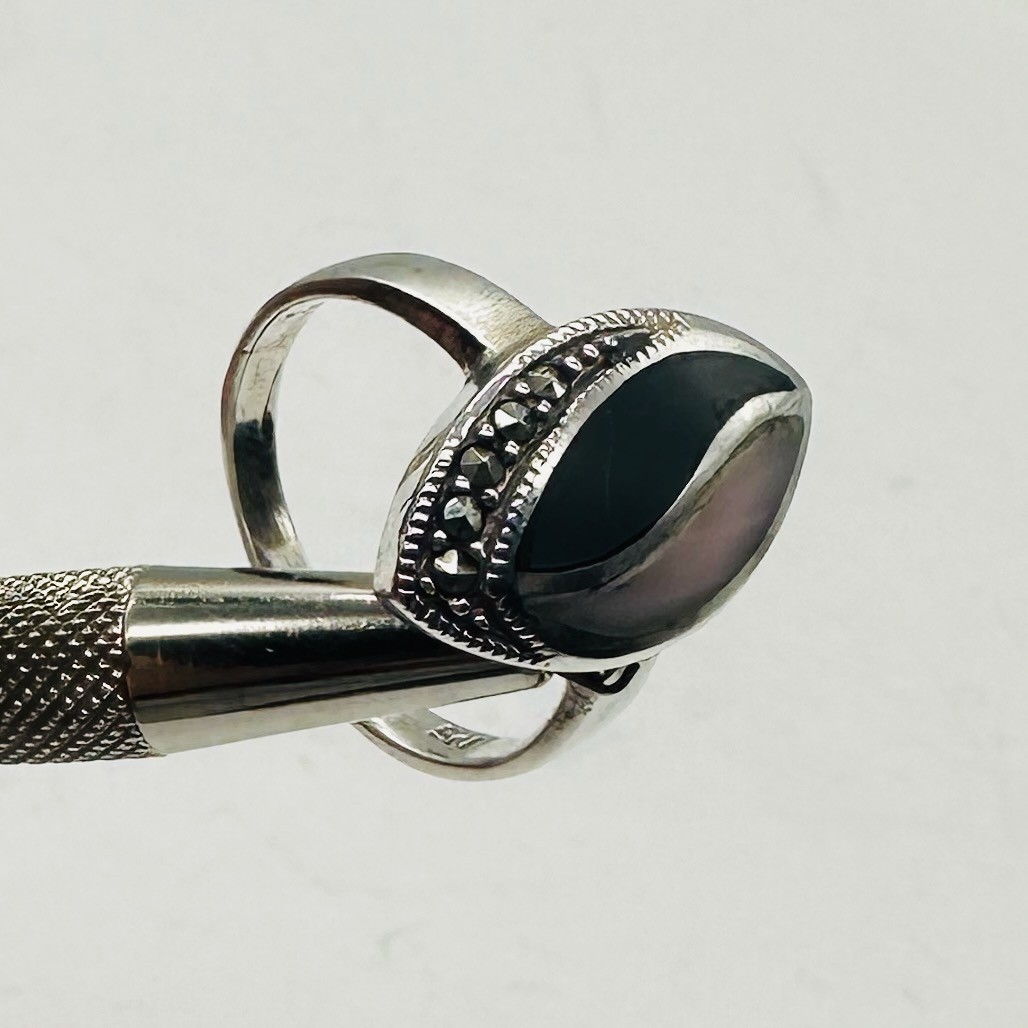 Onyx Mother of Pearl Marcasite Sterling Silver Ring | 7 | Blue, White, Silver |
