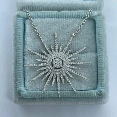 1.70Ct Lab Created Diamond Round Cut Sunburst Pendant 14K White Gold Plated
