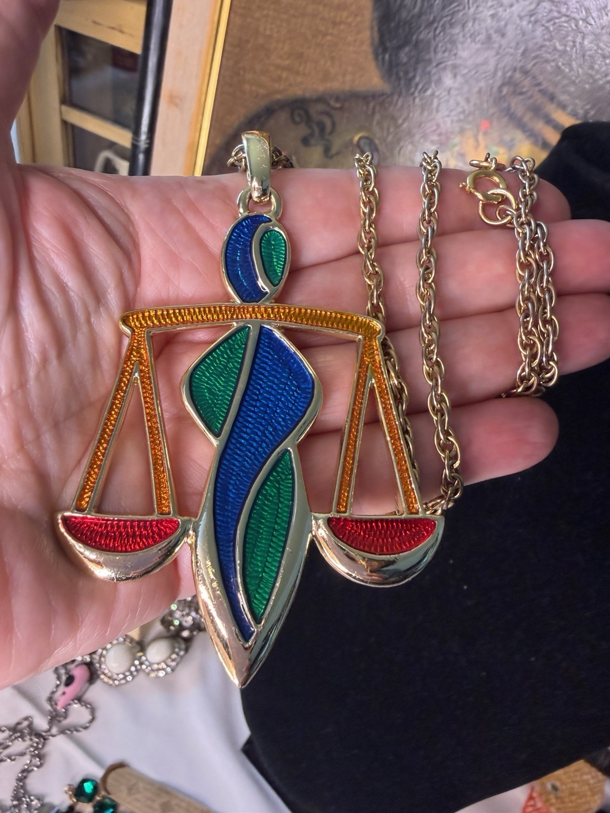 Libra Capri Large Pendant Enamel Scales Astrology Goldtone chain Necklace Ex Con