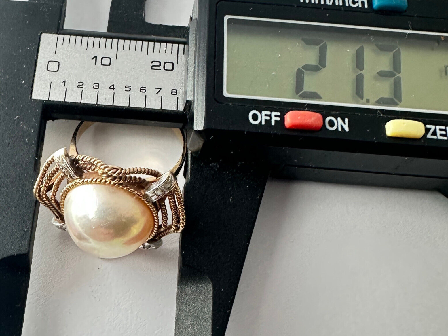 VINTAGE 8 DIAMOND & 12.4MM MABE PEARL 14K GOLD RING