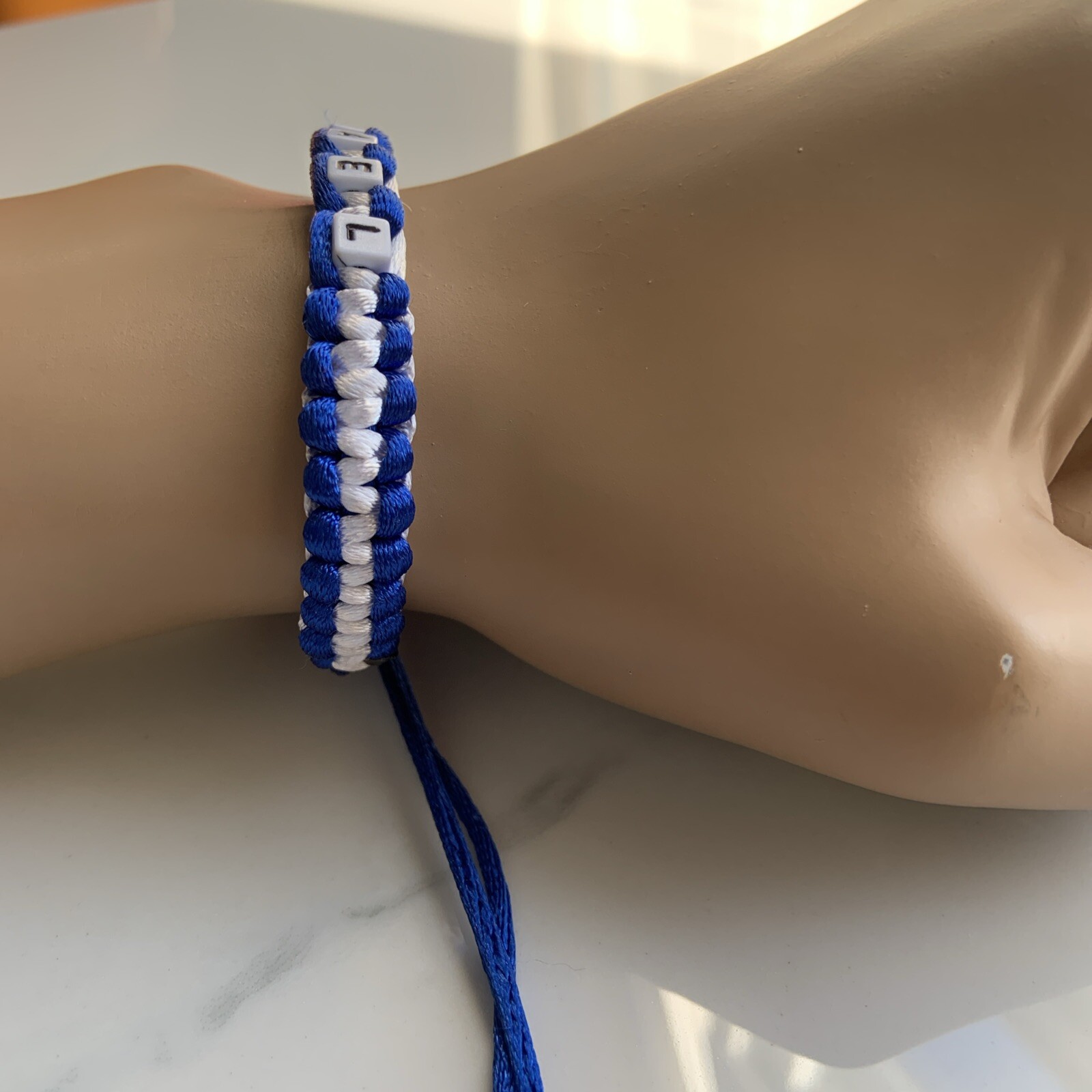 ISRAEL Bracelet BLUE & WHITE צמיד Satin Rattail Cord Shamballa Nylon Macrame (B)