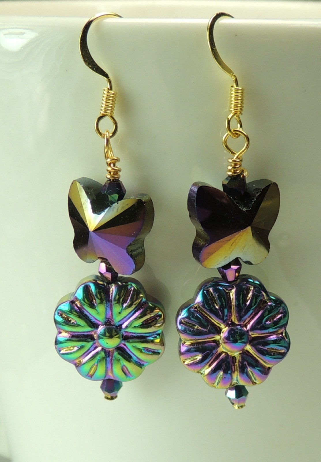 Shades of Purple Glass Flowers & Butterfly Earrings Handmade Jewelry
