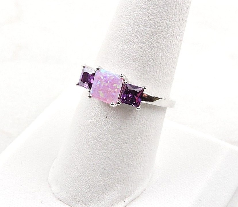 Sterling Silver 2.25 cttw Pink Opal And Purple Cubic Zirconia 3 Stone Ring