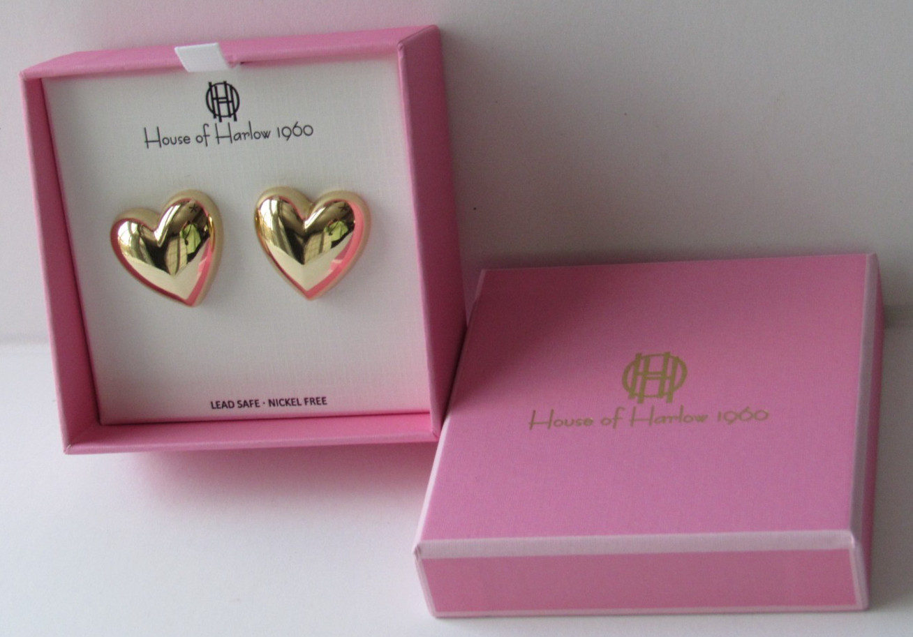 House of Harlow 1960 Chunky Gold-Tone Heart Post Earrings Bold Style 3D NEW BOX