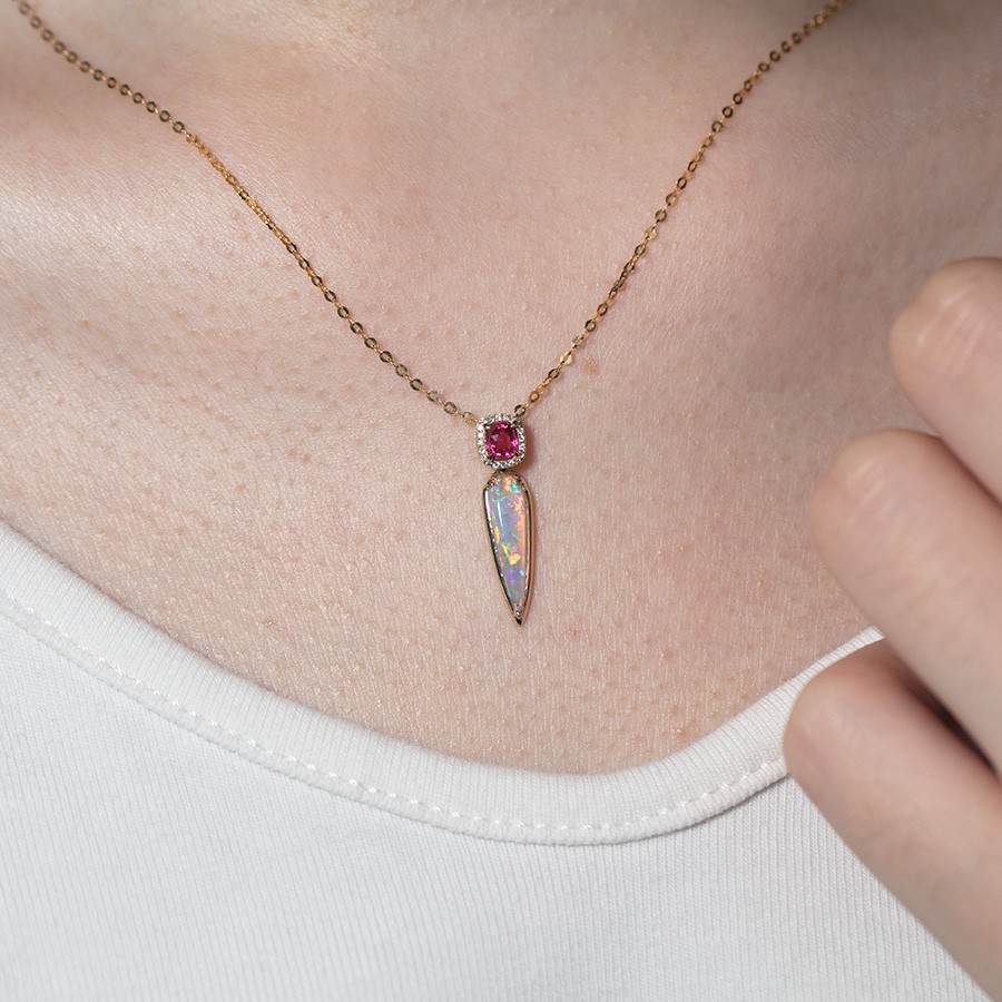 Pink Spinel & Australian Solid Opal Diamond Necklace in 14K Gold