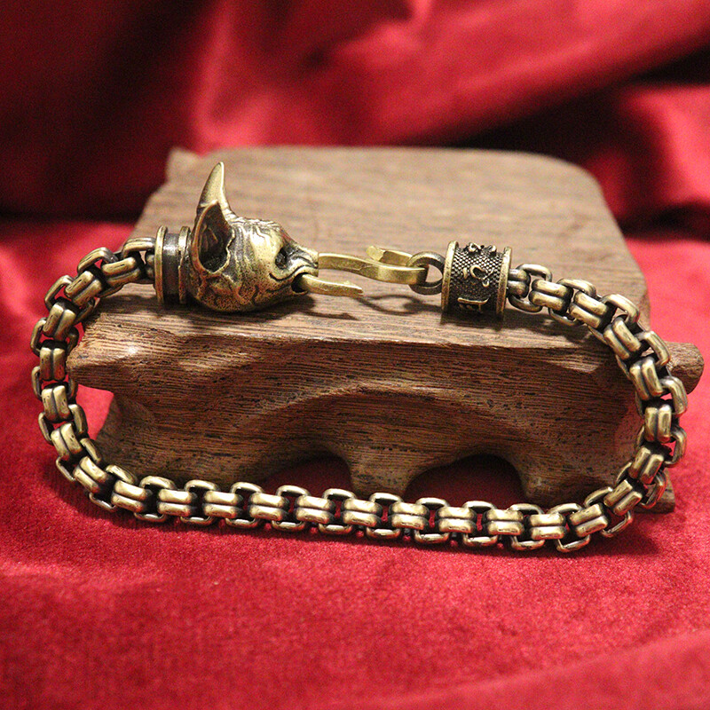 Bastet w/ Garnet Eyes Brass Ancient Egyptian Cat Deity Golden Chain Bracelet