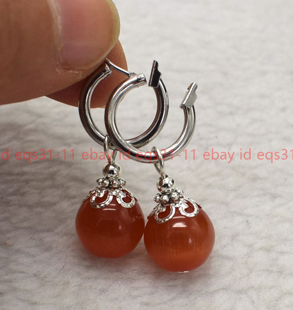 Pretty 12mm Orange Cat’s Eye Opal Round Gemstone Beads Leveback Earrings