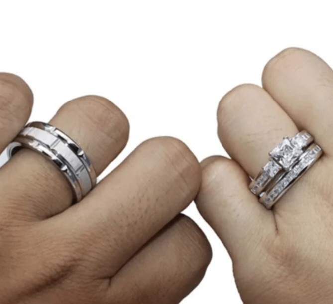 Couples Wedding Ring Set. Stainlesss Steel/Simulated Silver Tone 9,10,11,12,13