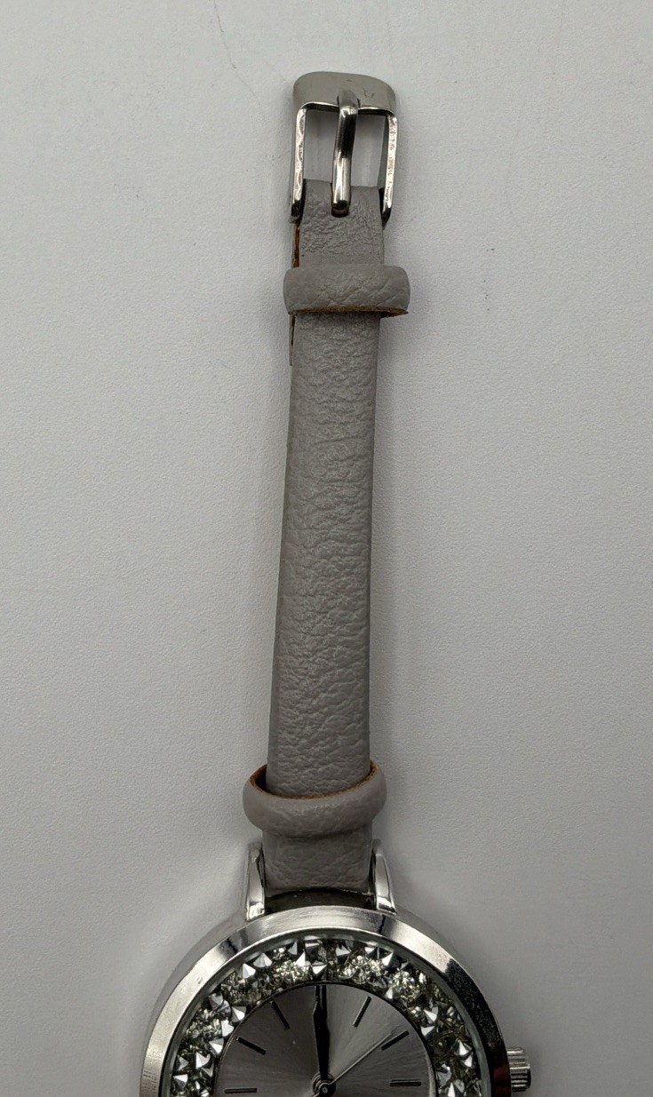 Accutime Watch Corp Silver Tone Women’s Wristwatch Gray Faux Leather New Battery
