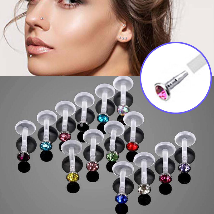 10PCS Clear Lip Rings 16G Acrylic Labret Monroe Daith Helix Stud Earrings 2MM CZ